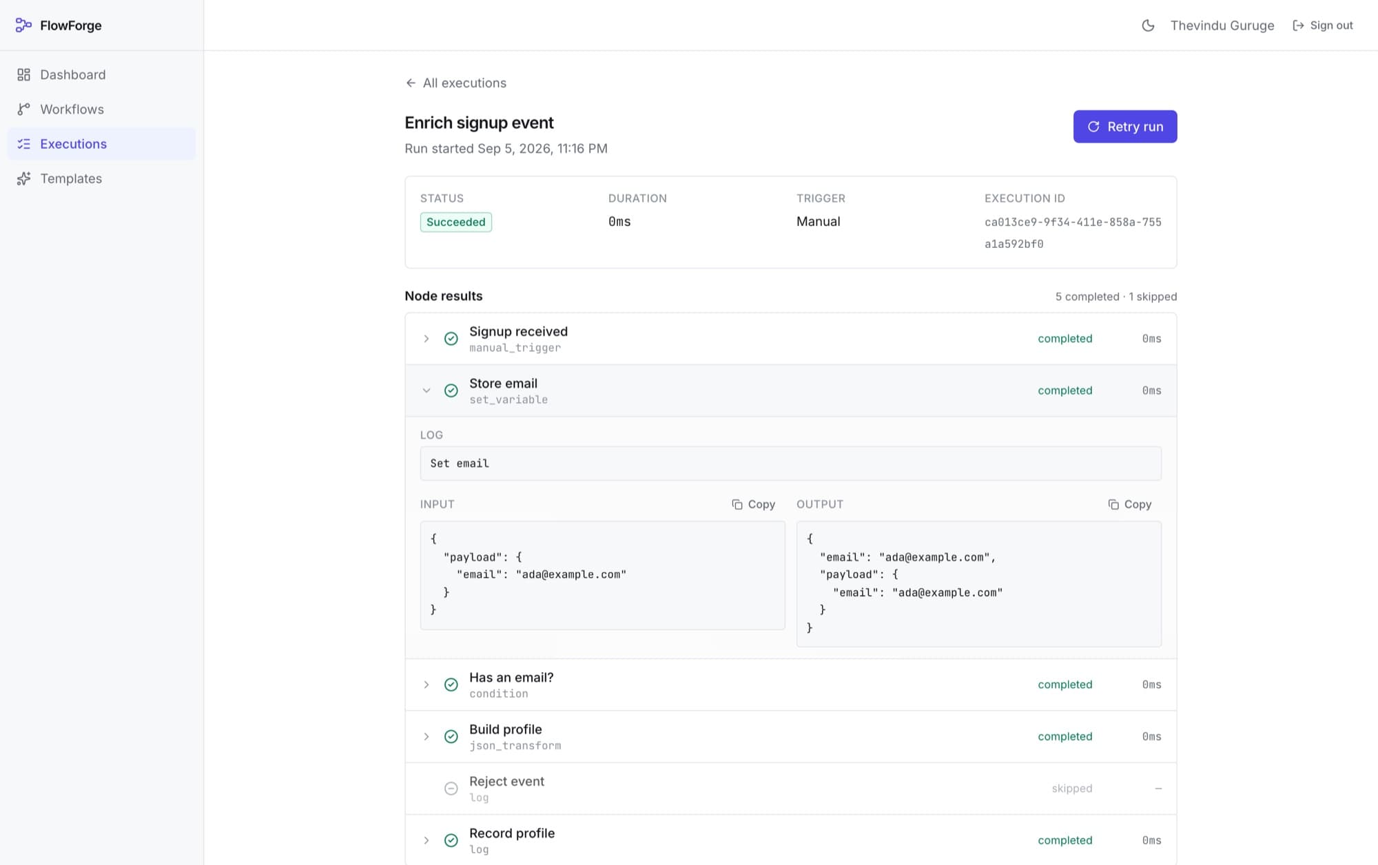 A FlowForge execution: every node's status, timing, log, input and output, including the branch not taken.