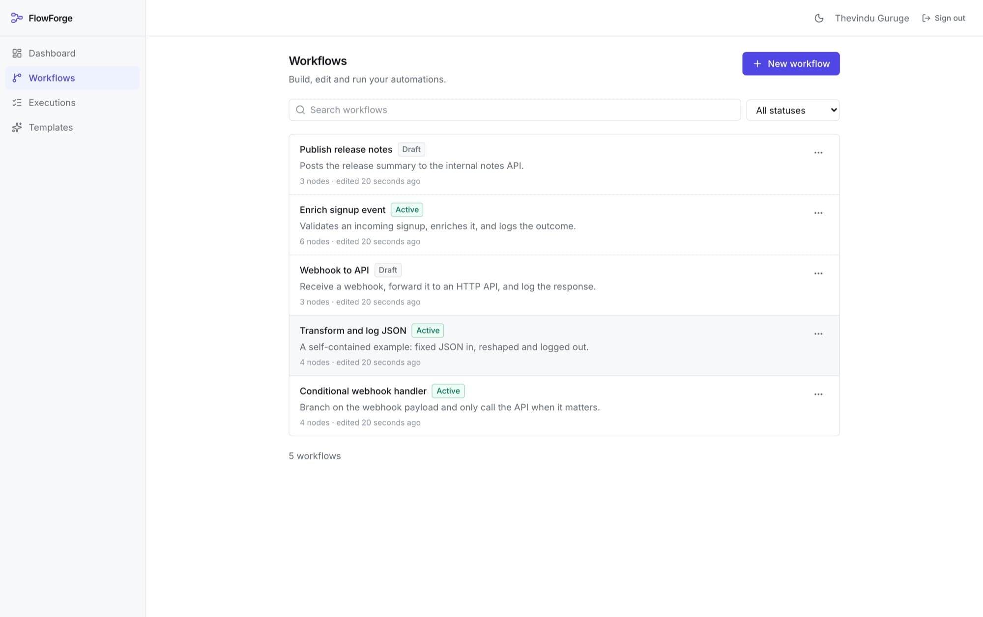 FlowForge workflow list with search and status filters.