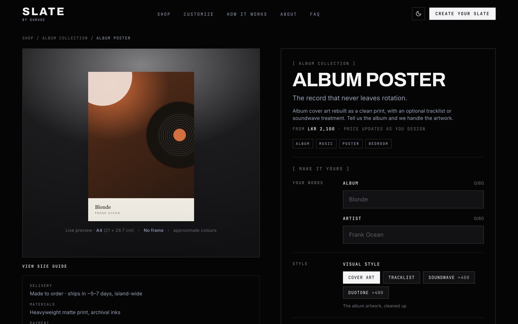 SLATE album poster page, with generated album artwork in the preview and visual style options priced as add-ons.