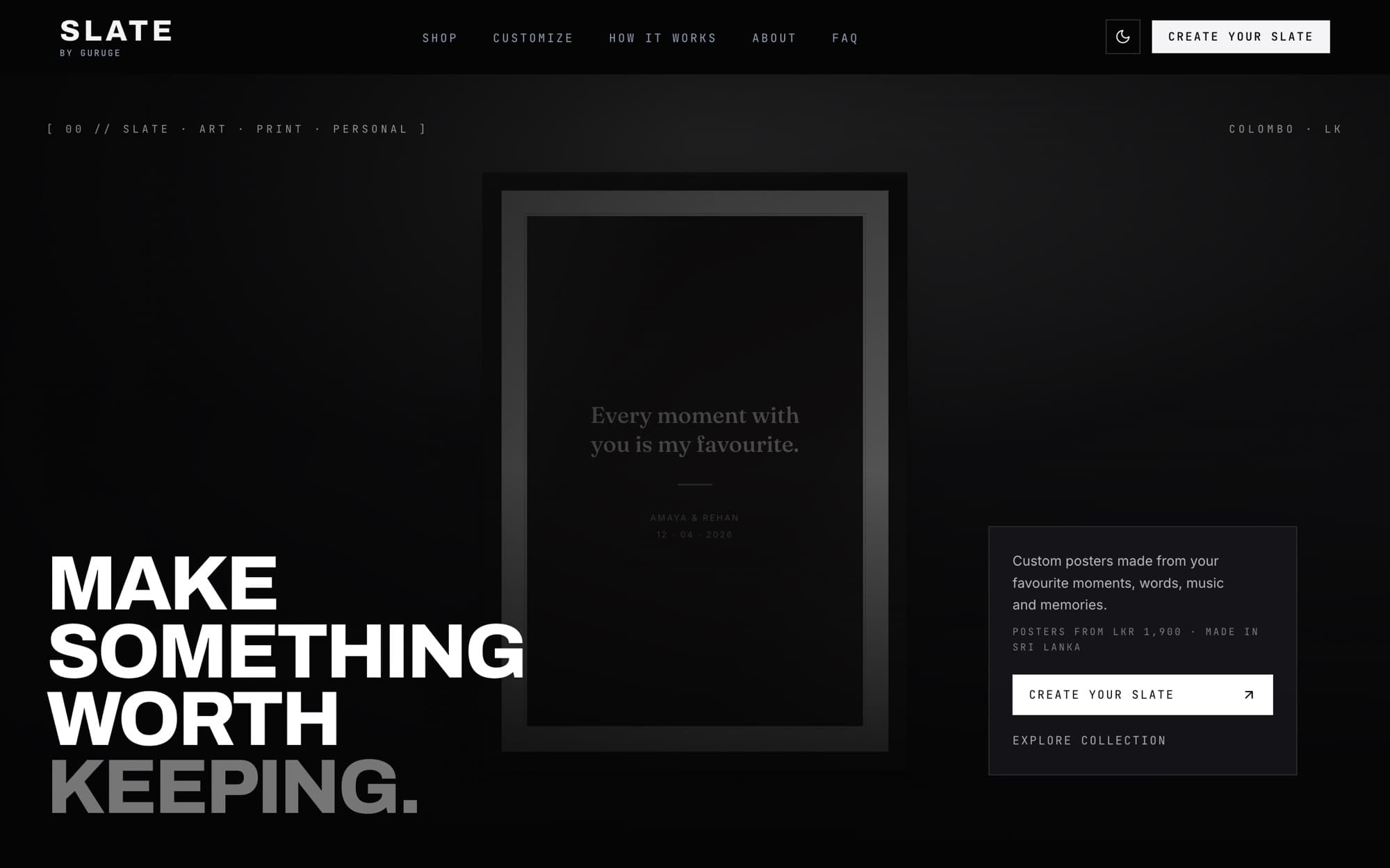 SLATE homepage in dark mode: a framed quote print behind the headline “Make something worth keeping.”