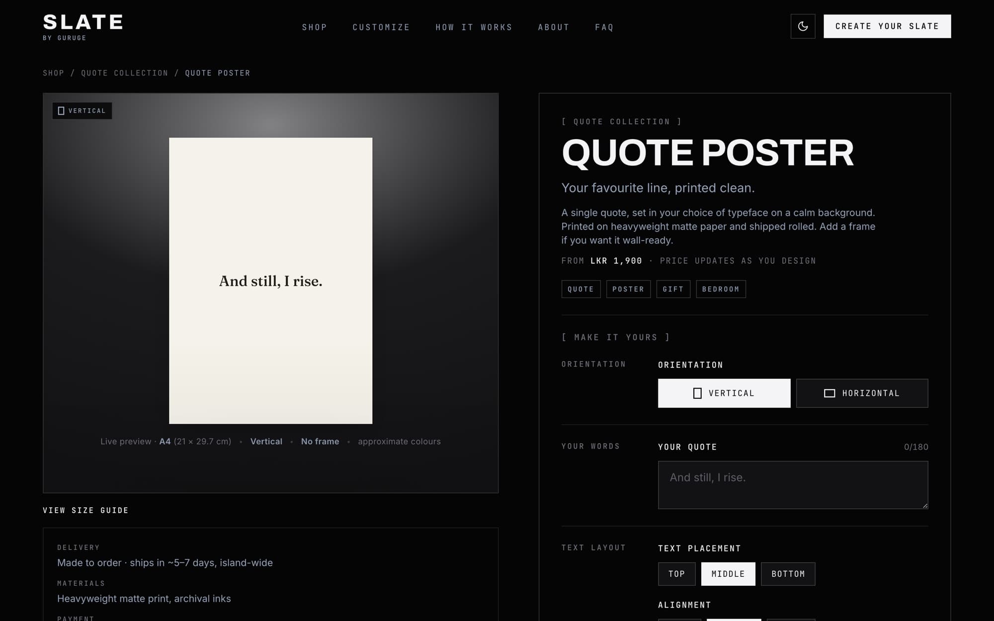 SLATE product page: a live preview of a quote poster beside its customisation options for orientation, wording and layout.
