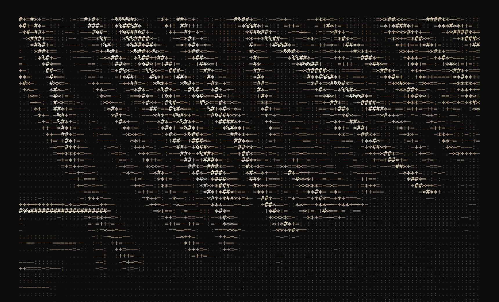 A photograph of stacked cinnamon quills converted to coloured ASCII characters by yt2ascii's renderer.