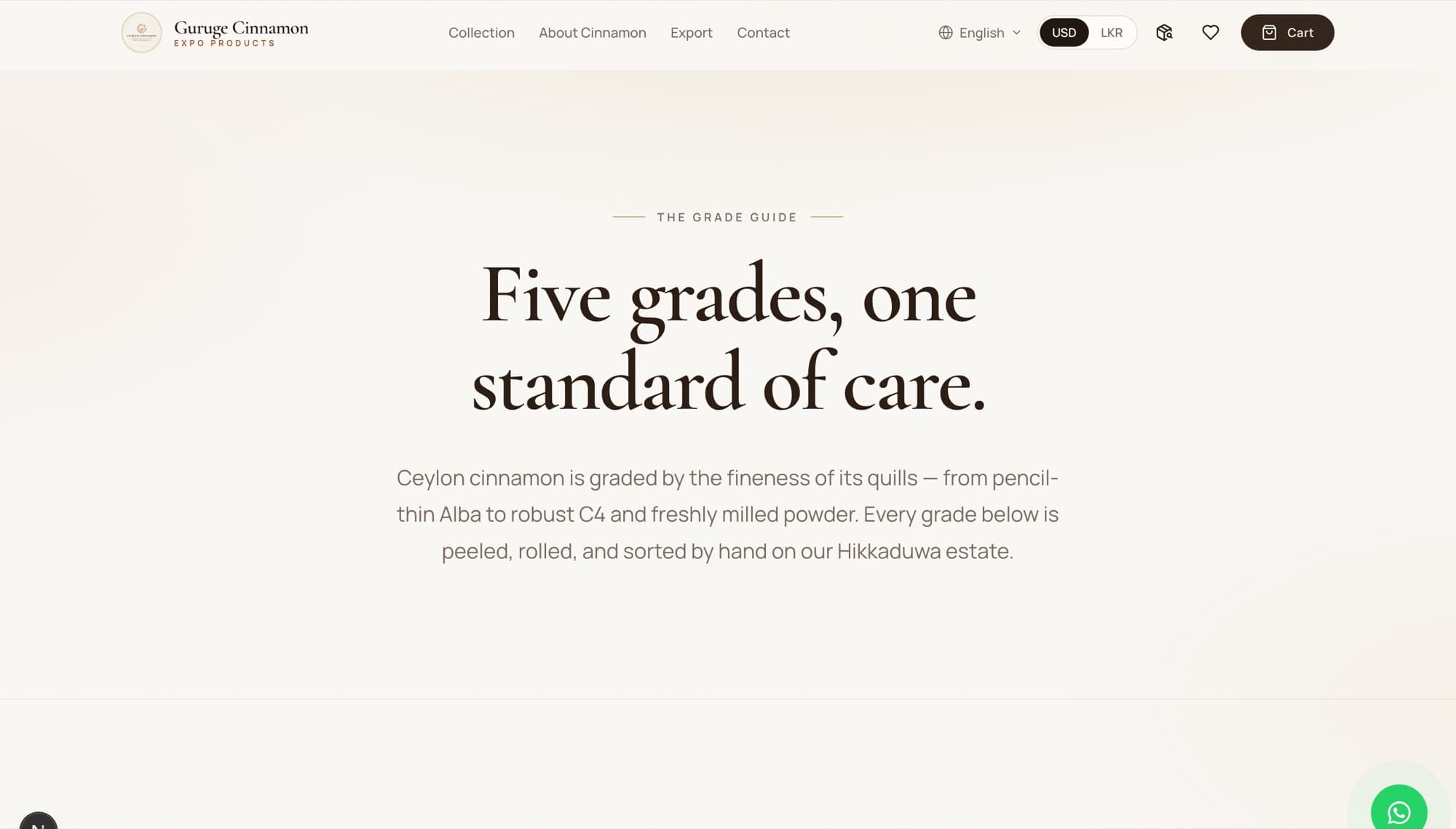 Guruge Cinnamon grade guide: “Five grades, one standard of care,” explaining that Ceylon cinnamon is graded by the fineness of its quills.